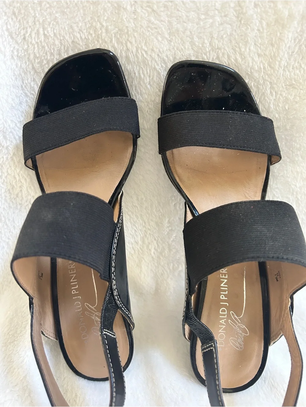 Donald J. Pliner Black Patent and Fabric Slingback Heels